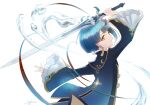  1boy blue_hair chinese_clothes closed_mouth commentary_request earrings frilled_sleeves frills genshin_impact holding holding_sword holding_weapon jewelry long_sleeves nekobayashi short_hair smile solo sword water weapon xingqiu_(genshin_impact) 