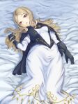  1girl bed bed_sheet blush bravely_default_(series) bravely_default_2 breasts brown_eyes brown_hair cape covered_navel cute dress female_focus floral_print gloria_neu_musa gloves long_hair looking_at_viewer lying lying_on_bed moe mossan_ichikai nintendo open_mouth solo solo_focus square_enix upper_teeth vest 