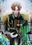  1boy brown_hair gloves green_eyes highres long_sleeves male_focus medal original outstretched_hand prince rainbow short_hair solo sparkle white_gloves 