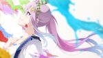  1girl airani_iofifteen hand_on_own_chest highres hololive hololive_indonesia long_hair looking_up masabodo paint_splatter paint_splatter_on_face palette_hair_ornament pink_eyes pink_hair profile side_ponytail smile suspenders virtual_youtuber 