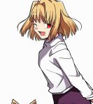 1girl ;d animal_ears arcueid_brunestud arms_behind_back bangs blonde_hair breasts cat_ears dress eyebrows_behind_hair eyebrows_visible_through_hair eyelashes_visible_through_hair from_side highres looking_at_viewer one_eye_closed one_eye_open open_mouth red_eyes shirt short_hair simple_background smile solo tsukihime type-moon white_background yuuma_(u-ma)