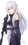  1girl ak-15 ak-15_(girls&#039;_frontline) bangs black_gloves black_pants black_shirt black_sleeves closed_mouth girls_frontline gloves gun hair_over_one_eye highres holding holding_gun holding_weapon kalashnikov_rifle long_hair mask pants sarasa_(kanbi) shirt silver_hair simple_background sleeveless sleeveless_shirt solo violet_eyes weapon white_background 