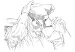 1boy absurdres graphite_(medium) greyscale hat highres holding holding_clothes holding_hat male_focus mature_male monochrome muscular muscular_male simple_background street_fighter traditional_media vega white_background yoshihara_motoki 