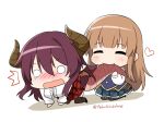  2girls anne_(shingeki_no_bahamut) bangs biting blonde_hair blush breasts brown_hair dragon_girl dragon_horns dragon_tail eyebrows_behind_hair eyebrows_visible_through_hair felutiahime grea_(shingeki_no_bahamut) hair_between_eyes horns long_hair manaria_friends multiple_girls princess_connect! short_hair simple_background skirt smile tail tears thigh-highs violet_eyes white_background yuri 