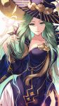  1girl adjusting_hair alternate_costume breasts dress fire_emblem fire_emblem:_three_houses fire_emblem_heroes green_eyes green_hair hair_flip halloween halloween_costume hand_in_hair hat highres large_breasts long_hair looking_at_viewer nakabayashi_zun official_alternate_costume rhea_(fire_emblem) smile solo very_long_hair witch witch_hat 