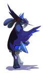  absurdres cape closed_mouth commentary english_commentary full_body hat hatted_pokemon highres likey looking_at_viewer looking_back lucario pokemon pokemon_(creature) pokemon_(game) pokemon_unite red_eyes signature smile solo standing toes white_background 