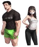  1boy 1girl bangs black_hair black_pants black_shirt bulge camisole commentary_request cropped_legs english_commentary english_text facial_hair goatee green_shorts grey_eyes highres korean_commentary large_pectorals long_hair long_sideburns looking_at_viewer mask mixed-language_commentary mouth_mask muscular muscular_male open_mouth original pants pectorals print_shirt rinotuna shirt short_hair short_sleeves shorts sideburns simple_background surgical_mask taut_clothes taut_shirt text_print thick_thighs thighs veins white_background white_camisole white_mask 