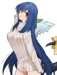  1girl angel_wings asymmetrical_wings bangs blue_hair breasts dated dizzy_(guilty_gear) eyebrows_visible_through_hair guilty_gear hair_down large_breasts long_hair long_sleeves looking_at_viewer looking_to_the_side maka_(morphine) mature_female monster_girl open_mouth ribbon signature simple_background solo sweater tail tail_ornament tail_ribbon turtleneck turtleneck_sweater white_background wings 