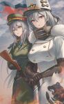  2girls :o azur_lane black_bodysuit black_gloves bodysuit breasts character_request coat elbow_gloves eyebrows_visible_through_hair feet_out_of_frame fur-trimmed_coat fur_trim gloves grey_hair gun hat highres holding holding_gun holding_weapon large_breasts long_hair looking_at_viewer medium_breasts military military_hat military_uniform multiple_girls open_mouth oshiro_project sauvignon sovetskaya_rossiya_(azur_lane) standing uniform violet_eyes weapon white_coat winter_clothes winter_coat yellow_eyes 
