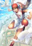  1boy :d ball basketball basketball_uniform bird blue_sky city clouds commentary_request eyebrows feathers floating jacket jersey kagami_taiga kuroko_no_basuke male_focus midair red_eyes redhead shoes short_hair shorts sky smile sneakers solo sportswear suiact 