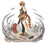  1girl absurdres animal_ears arknights capelet dual_wielding fire_hydrant furry furry_female gabrieltsui highres holding manhole_cover multicolored_fur orange-tinted_eyewear orange_fur round_eyewear solo tail tiger_ears tiger_girl tiger_tail tinted_eyewear waai_fu_(arknights) yellow-tinted_eyewear yellow_eyes 