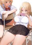  2girls blonde_hair blush bow bowtie breasts brown_skirt button_gap cellphone chair fingernails forehead holding holding_phone kaisen_chuui large_breasts long_hair looking_at_another multiple_girls on_chair open_mouth original phone red_neckwear school_uniform shirt sitting skirt thighs violet_eyes white_shirt yellow_eyes 