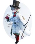  1boy ascot black_footwear black_headwear blue_eyes chain coat full_body grey_hair hat hat_belt highres long_sleeves male_focus monocle original pants pocket_watch red_mittens red_neckwear rinotuna shoes short_hair smiley_face solo staff top_hat watch white_coat white_pants 