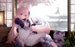 1girl animal_ears bangs breasts character_request copyright_request feet_out_of_frame fox_ears fox_tail gloves guo582 hair_ornament hand_fan highres holding holding_fan japanese_clothes kimono long_hair long_sleeves looking_at_viewer pink_hair sitting tail violet_eyes 