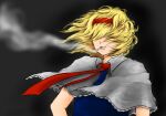  1girl alice_margatroid bangs blonde_hair blue_dress capelet cigarette commentary cookie_(touhou) dress frilled_capelet frills grey_background hair_between_eyes hair_over_eyes hairband jigen_(cookie) mumu_(0x3777) red_hairband red_necktie short_hair smoking solo touhou upper_body white_capelet 