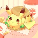  :3 burger cat commentary_request copyright_name cup food french_fries happy highres lettuce napkin no_humans pikachu pokemon pokemon_(creature) sauce smile tablecloth ushiina 
