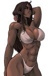  1girl 6maker abs absurdres arm_up bikini blue_eyes breasts brown_hair cowboy_shot dark-skinned_female dark_skin hair_between_eyes highres large_breasts long_hair looking_at_viewer mole mole_under_mouth muscular muscular_female original simple_background solo swimsuit white_background 
