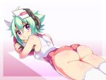  1girl ahoge ass azure_striker_gunvolt azure_striker_gunvolt_2 bare_shoulders blush breasts cougar_(cougar1404) green_hair headgear leotard looking_at_viewer looking_back roro_(gunvolt) short_hair solo thigh-highs violet_eyes 