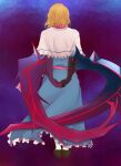  1girl alice_margatroid arms_behind_back blonde_hair blue_dress bois_de_justice brown_footwear capelet commentary cookie_(touhou) dies_irae dress frilled_capelet frilled_neckwear frills from_behind full_body heart highres hinase_(cookie) long_dress mumu_(0x3777) own_hands_together pink_neckerchief pink_sash sash shinza_bansho_series shoes short_hair socks solo standing touhou white_capelet white_legwear 