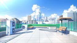  absurdres air_conditioner apartment bench blue_sky building bush chinese_commentary city cityscape clouds commentary_request day highres house ladder no_humans original plant rooftop scenery seat shadow shanghai sky skyscraper sunlight xingzhi_lv 