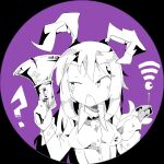  1girl ? animal_ears antennae breasts collared_shirt confused formal gun hatching_(texture) lcz monochrome moon moon_(ornament) purple_background rabbit_ears rabbit_girl radio reisen_udongein_inaba shirt simple_background suit tight touhou weapon wifi_symbol 