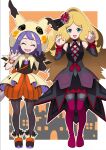  2girls acerola_(pokemon) bangs bare_shoulders bead_bracelet beads black_gloves blonde_hair boots bracelet caitlin_(pokemon) capelet closed_eyes detached_sleeves eyebrows_visible_through_hair eyelashes facing_viewer flipped_hair gloves hair_ornament hands_up highres hood hooded_capelet jewelry kohatsuka legwear_under_shorts long_hair looking_at_viewer multiple_girls official_alternate_costume open_mouth orange_bracelet orange_shorts outline pantyhose parted_bangs pokemon pokemon_(game) pokemon_masters_ex purple_hair shoes shorts single_glove standing striped striped_shorts themed_object thigh-highs thigh_boots tongue vertical-striped_shorts vertical_stripes waist_cape 