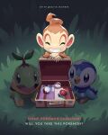  blue_eyes briefcase chimchar closed_eyes commentary english_commentary english_text grass grin highres kelvin-trainerk no_humans open_mouth own_hands_together piplup poke_ball poke_ball_(basic) pokemon pokemon_(creature) smile standing starter_pokemon_trio teeth tongue turtwig twitter_username 
