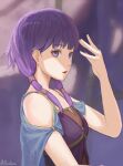  1girl bangs eyebrows_visible_through_hair fire_emblem fire_emblem:_the_sacred_stones hair_over_shoulder highres long_hair low_twintails lute_(fire_emblem) open_mouth purple_hair purple_shirt samohichi shirt sleeveless sleeveless_shirt solo twintails twitter_username upper_body violet_eyes 
