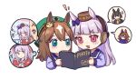  2girls brown_hair chinese_commentary genderswap genderswap_(mtf) gold_ship_(umamusume) horse_girl just_a_way_(racehorse) kin&#039;iro_ryotei_(umamusume) mixed-language_commentary multicolored_hair multiple_girls orfevre_(umamusume) personification photo_album thought_bubble two-tone_hair umamusume white_hair wufaxianshi_cnd younger 