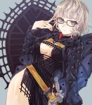  1girl black_dress blue_eyes breasts dress fate/grand_order fate_(series) glasses grey_hair hood jacques_de_molay_(foreigner)_(fate) keiasik medium_breasts padded_coat shield sword weapon 