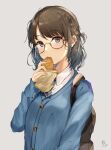  1girl absurdres backpack bag bangs blue_cardigan blue_eyes blue_neckwear blush braid brown_hair cardigan collared_shirt dress_shirt eating food food_in_mouth glasses grey_background hand_up highres hisao_0111 holding holding_food long_sleeves looking_at_viewer necktie original school_uniform shirt short_hair signature simple_background solo taiyaki wagashi white_shirt 