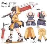  1girl ass black_hair breasts cougar_(cougar1404) denim holding holding_sword holding_weapon hood hooded_jacket jacket jeans looking_at_viewer looking_back nari_(cougar1404) navel original overalls pants short_hair simple_background solo standing sword weapon white_background yellow_eyes 