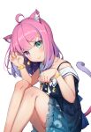  1girl :3 absurdres ahoge animal_ear_fluff animal_ears bangs bare_legs blue_dress blush bracelet candy_hair_ornament cat_ears cat_girl cat_tail closed_mouth commentary_request crescent crescent_earrings dress earrings eyebrows_visible_through_hair feet_out_of_frame food-themed_hair_ornament gradient_hair green_eyes hair_ornament head_tilt heterochromia highres himemori_luna hololive jewelry knees_up long_hair looking_at_viewer multicolored_hair paw_pose pink_hair print_dress purple_hair shyi sitting solo starry_sky_print tail tail_raised violet_eyes virtual_youtuber 