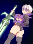  1girl ass black_panties breasts closed_mouth cougar_(cougar1404) dragon:_marked_for_death fingerless_gloves gloves holding looking_at_viewer panties short_hair simple_background solo sword thigh-highs underwear violet_eyes warrior_(dmfd) weapon white_hair 