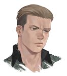  1boy collared_shirt commentary_request cropped_shoulders frown hair_slicked_back lips looking_to_the_side male_focus porco_galliard shingeki_no_kyojin shirt short_hair sideburns solo undercut white_background zoo_(oukakumaku) 