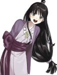  1girl :d ace_attorney bangs beads black_hair blunt_bangs blush bright_pupils commentary_request grey_eyes hair_beads hair_bun hair_ornament half_updo highres japanese_clothes jewelry kimono long_hair long_sleeves looking_at_viewer low-tied_long_hair magatama maya_fey necklace open_mouth renshu_usodayo sash simple_background smile solo teeth upper_teeth white_background white_pupils 