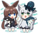  2girls amiya_(arknights) animal_ears arknights bangs black_dress blue_eyes blush brown_hair cat_ears cat_girl cat_tail chibi dress eyebrows_visible_through_hair fang fang_out green_eyes holding_hands jitome long_hair multiple_girls open_mouth ponytail rabbit_ears rabbit_girl rosmontis_(arknights) silver_hair stuffed_animal stuffed_octopus stuffed_orca stuffed_shark stuffed_toy tail white_dress xroxxro 