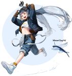  1girl arms_up bangs belt blue_headwear blue_pants brown_gloves fish flying_fish full_body gloves goggles goggles_on_head grey_hair highres jacket long_hair long_sleeves midriff nike nike_air_force_1 open_clothes open_jacket open_mouth orange_eyes original pants personification print_shirt rinotuna shirt shoes smile sneakers solo standing suspenders twintails very_long_hair white_footwear white_shirt 