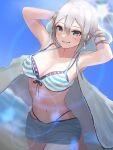  1girl absurdres armpits arms_up bangs bikini blue_sky blurry blush braid cloak cowboy_shot crown_braid depth_of_field earrings grey_hair grin hair_between_eyes highres hood hooded_cloak idolmaster idolmaster_cinderella_girls jewelry lens_flare looking_away midriff multi-strapped_bikini navel ocean sanshoku_dango_(ahxf3842) shiomi_syuko short_hair shorts sky smile solo standing standing_on_one_leg striped striped_bikini sunlight swimsuit 