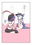  2girls absurdres black_headwear blue_hair blush food fruit hat highres hinanawi_tenshi long_hair multiple_girls nagae_iku non_(z-art) peach pocky purple_hair red_eyes short_hair sitting speech_bubble touhou translation_request yuri 