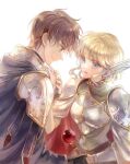  1boy 1girl armor blonde_hair blue_eyes breastplate brown_eyes brown_hair closed_mouth couple eye_contact fire_emblem fire_emblem:_genealogy_of_the_holy_war from_side hetero kuzumosu leif_(fire_emblem) looking_at_another nanna_(fire_emblem) profile shiny shiny_hair short_hair shoulder_armor simple_background smile white_background 