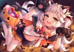  1girl absurdres animal_ear_fluff animal_ears animal_hands arata_(xin) bandaged_arm bandaged_leg bandages bangs blunt_bangs blush breasts candy cat_ears cat_girl cat_tail choker collarbone fang food gloves halloween halloween_bucket halloween_costume hat highres hololive jack-o&#039;-lantern long_hair looking_at_viewer miniskirt murasaki_shion navel open_mouth paw_gloves paw_pose shirt silver_hair skirt small_breasts smile solo tail torn_clothes torn_shirt torn_skirt twintails virtual_youtuber yellow_eyes 