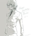  1boy akechi_gorou birthday character_name closed_mouth greyscale hair_between_eyes happy_birthday jacket long_sleeves male_focus monochrome necktie persona persona_5 sawa2 signature solo striped striped_neckwear upper_body 