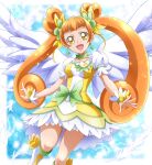  1girl :d bangs blunt_bangs boots bow breasts brown_hair choker clover_earrings collarbone cure_rosetta dokidoki!_precure dress floating_hair green_choker hanzou highres layered_dress long_hair looking_at_viewer precure shiny shiny_hair short_dress short_sleeves small_breasts smile solo twintails very_long_hair white_dress white_footwear white_wings wings wrist_cuffs yellow_bow yellow_dress yellow_eyes 