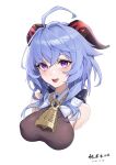  1girl absurdres ahoge artist_name bangs bare_shoulders bell blue_hair breasts chamuhz curled_horns dated ganyu_(genshin_impact) genshin_impact gold_trim highres horns large_breasts looking_at_viewer neck_bell sidelocks smile violet_eyes white_background 
