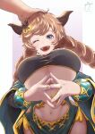 1girl :d blue_eyes bracelet braid breasts carmelina_(granblue_fantasy) clothing_cutout draph gollizo granblue_fantasy headpat highres hip_vent horns jewelry large_breasts light_brown_hair long_hair one_eye_closed pointy_ears side_slit signature smile solo_focus stomach stomach_cutout twin_braids under_boob upper_body 