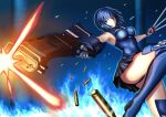  1girl armor armored_dress bangs bare_shoulders black_keys_(type-moon) blue_eyes blue_hair breasts ciel_(tsukihime) gun harukey highres large_breasts looking_at_viewer powerd_ciel short_hair solo thigh-highs thighs tsukihime weapon 