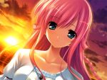  1girl amamiya_kurara bangs blue_eyes braid collarbone eyebrows_visible_through_hair floating_hair fumio_(ura_fmo) game_cg gradient_sky hair_between_eyes hoshiuta long_hair looking_at_viewer official_art open_mouth outdoors pink_hair purple_sky shiny shiny_hair sky solo sunset yellow_sky 