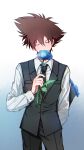  1boy absurdres black_neckwear black_pants blue_flower blue_rose bouquet brown_hair chinese_commentary closed_eyes digimon digimon_adventure_tri. flower gradient gradient_background highres holding holding_bouquet holding_flower layla_836829767 legs_apart long_sleeves male_focus necktie pants rose shirt short_hair vest white_shirt yagami_taichi 