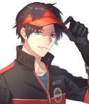 1boy berry_o_t black_gloves black_hair black_jacket gloves hand_up jacket male_focus mole mole_under_eye multicolored multicolored_clothes multicolored_jacket oki_kouji parted_lips red_headwear red_jacket short_hair simple_background smile solo two-tone_jacket upper_body visor_cap white_background world_trigger 